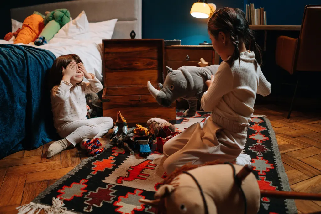 Two children play with toys on a patterned rug in a cozy bedroom.