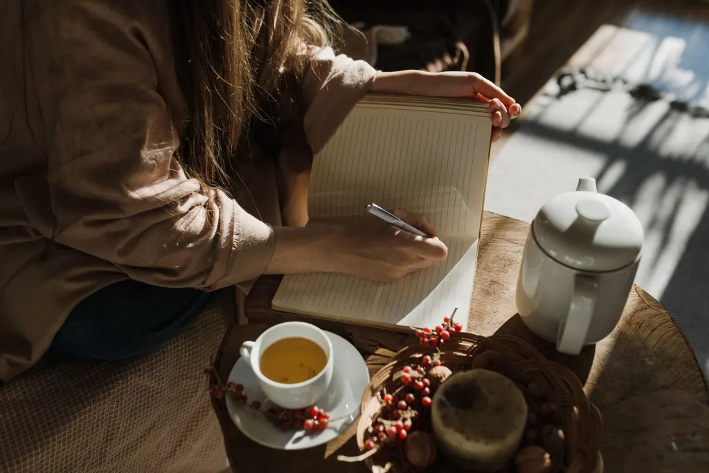 Hands writing in a notebook at a sunlit table beside a cup of tea.